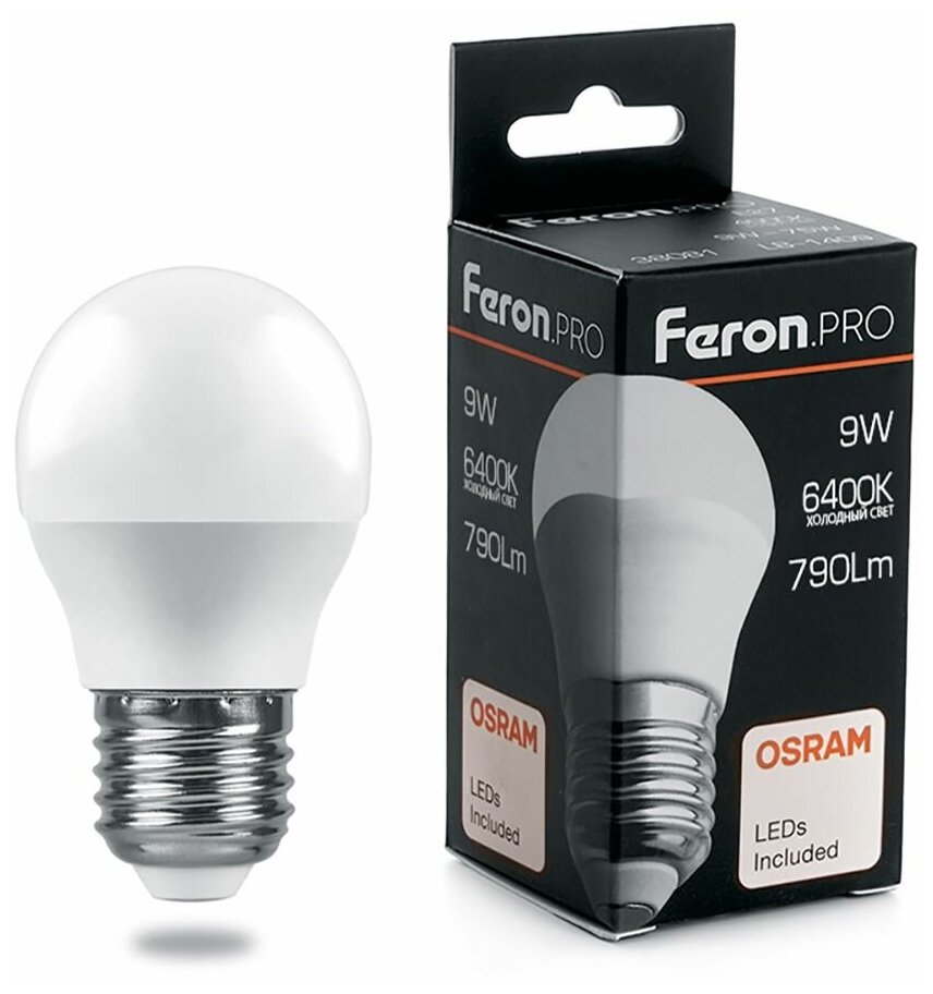 Лампа светодиодная Feron Pro LB-1409 38082, E27, G45, 9 Вт, 6400 К - фотография № 1
