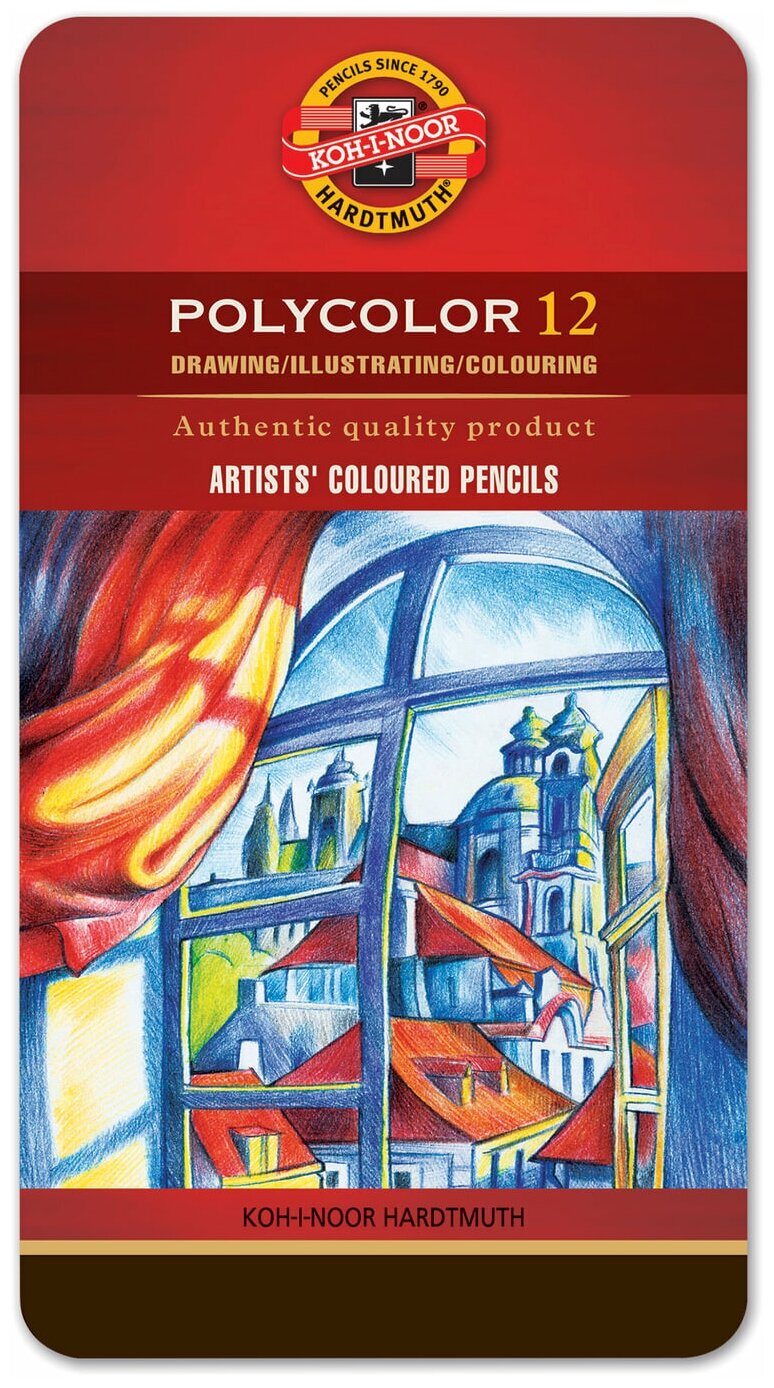 Карандаши цветные KOH-I-NOOR художественные "Polycolor", 12 цветов, 3,8 мм, металлическая коробка (3822/12)