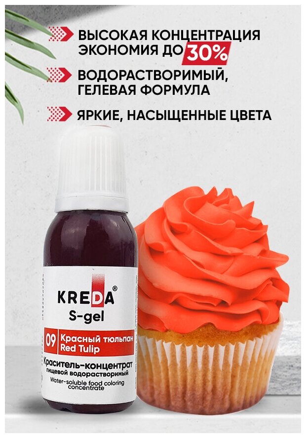 Краситель-концентрат креда (KREDA) S-gel красный тюльпан №09 гелевый пищевой, 20мл