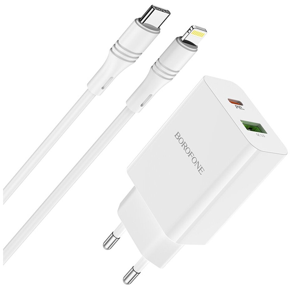 Блок питания сетевой 1 USB, Type-C Borofone, BA56A, Lavida, пластик, огнестойкий, PD20W+ QC3.0, кабель Type-C, 8-pin, 1.0м, цвет: белый