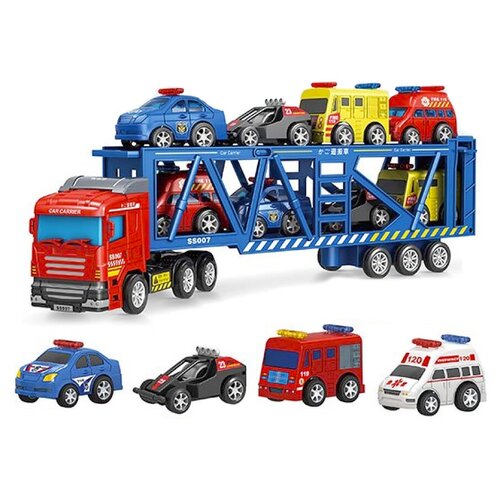 фото Набор машинок игрушечный / трейлер автовоз с транспортом, инерционный / полиция, скорая юг тойз