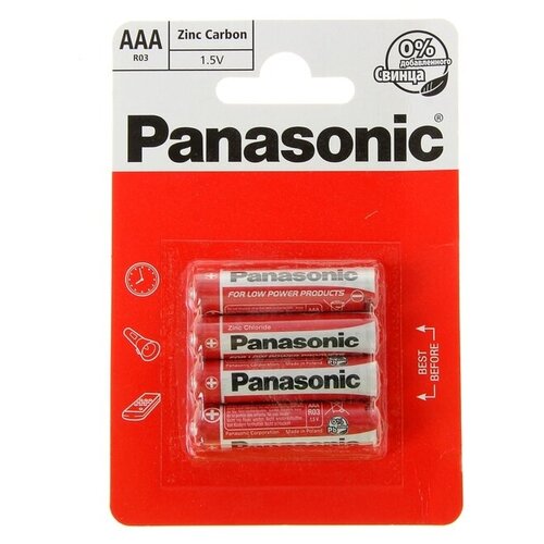 Батарейка солевая Panasonic Zinc Carbon, AAA, R03-4BL, 1.5В, блистер, 4 шт./В упаковке шт: 1