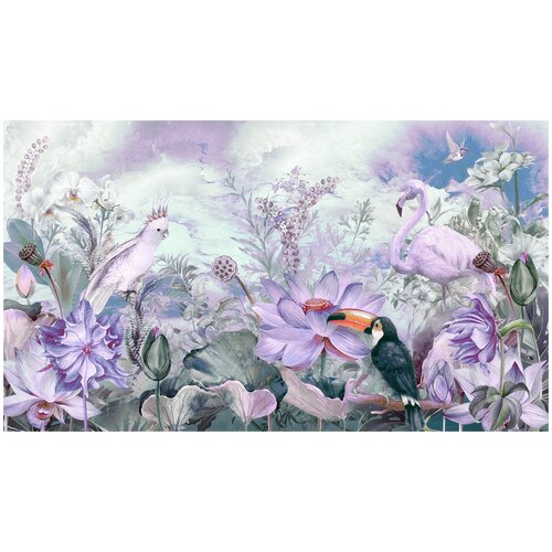 Фотообои Уютная стена Сиреневый сад цветов и птиц 470х270 см Бесшовные Премиум (единым полотном)