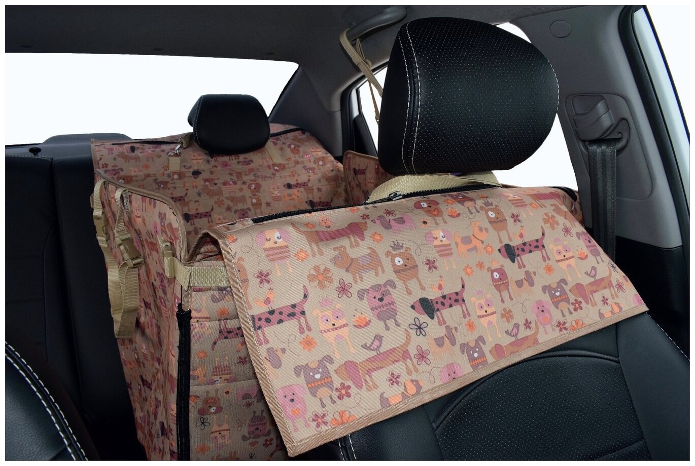 Автогамак Happy Dog Premium (Хэппи Дог Премиум). На половину сиденья. Цвет: собаки на бежевом фоне.