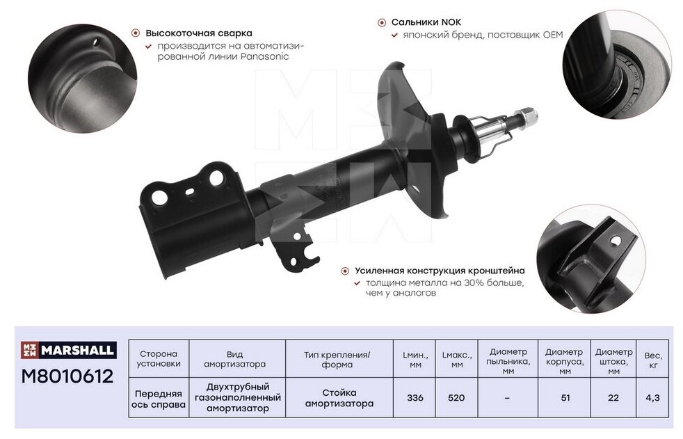 Амортизатор газовый передний правый MARSHALL M8010612 для Toyota Corolla (E120) 01- // кросс-номер KYB 334817