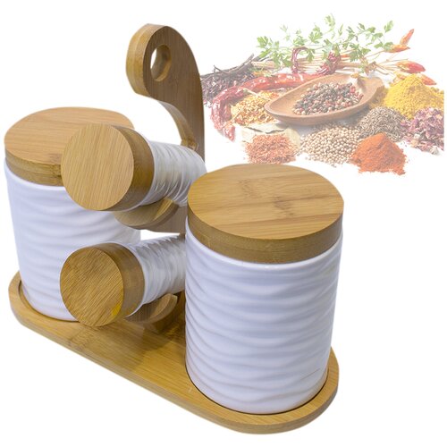 Набор емкостей для сыпучих продуктов на подставке из бамбука, 4шт., белый, 22х21х12 см