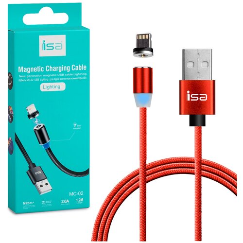 Кабель USB Lightning MС-02 магнитный ISA красный кабель usb type c магнитный mс 03 usb isa синий