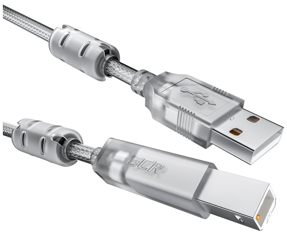 Кабель Gcr PROF 5.0m USB 2.0, AM/BM, прозрачный, ферритовые кольца, экран, армированный, морозостойкий, -52426