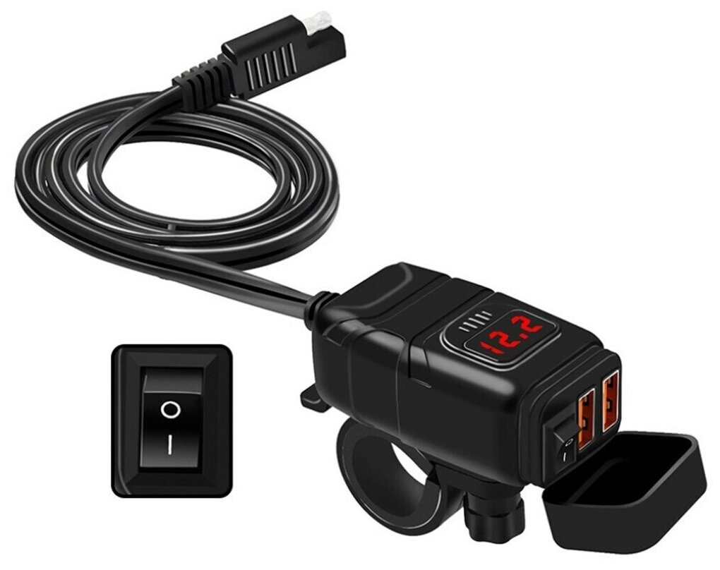 Водонепроницаемый адаптер QC30 с креплением на руль мотоцикла зарядное устройство для телефонов 2 USB разъема кнопка включения черный