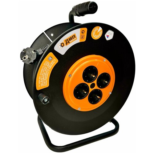 Удлинитель электрический на металлической катушке, без заземления, 4 розетки, 3,6 кВт, длина 30 метров, прорезиненный провод КГ 2х2,5мм2