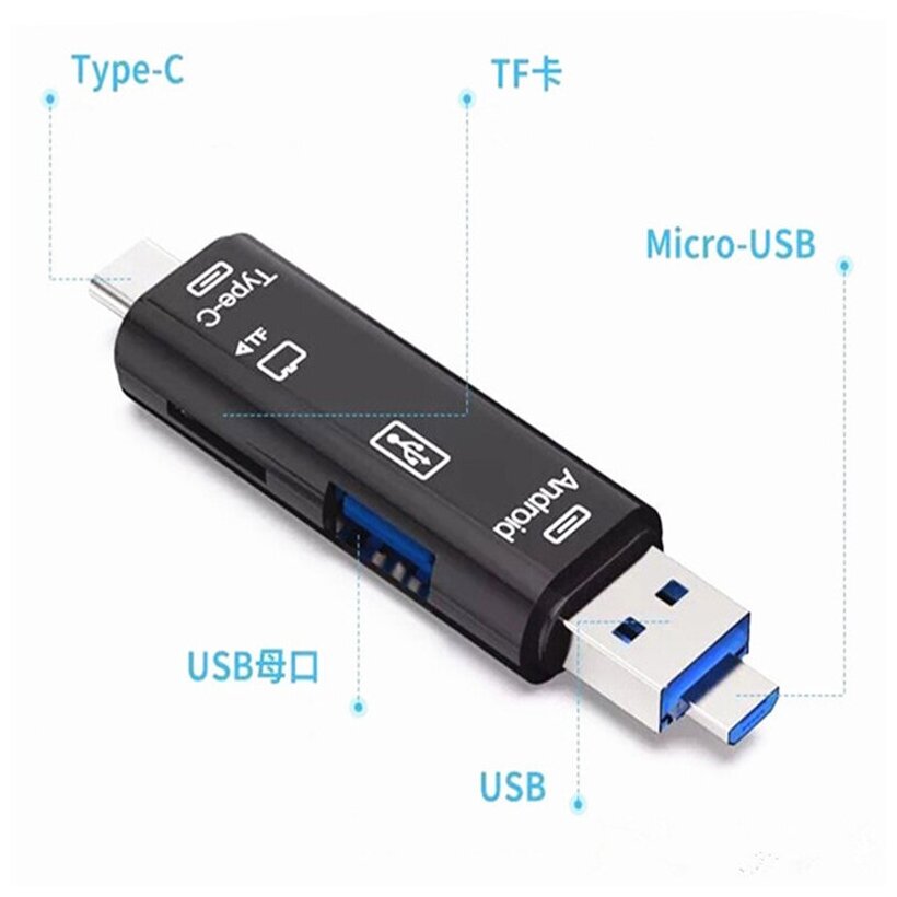 Многофункциональный картридер 5 в 1: Type-C - Micro USB OTG - USB 30 - TF Карты (micro SD) - USB 30 - черный