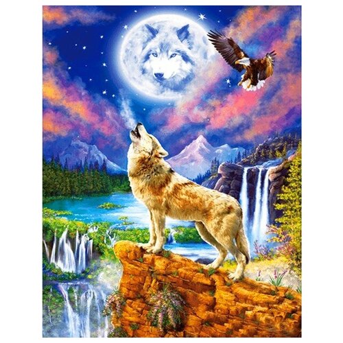 Алмазная вышивка New World «Волк и орел у красочных водопадов под луной»Две картинки