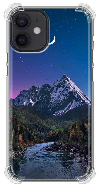 Дизайнерский силиконовый с усиленными углами чехол для Айфон 12 мини / Iphone 12 Mini Горы и полумесяц
