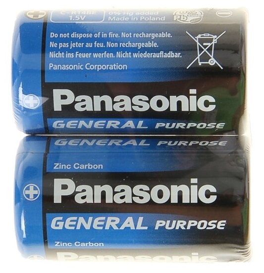 Батарейка солевая Panasonic General Purpose, C, R14-2S, 1.5В, спайка, 2 шт.