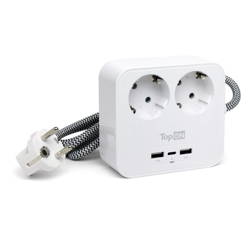 Сетевой фильтр TopON TOP-PWS2 на 2 розетки с 2 USB-A и USB-C, 4000W, 1.5 м Белый