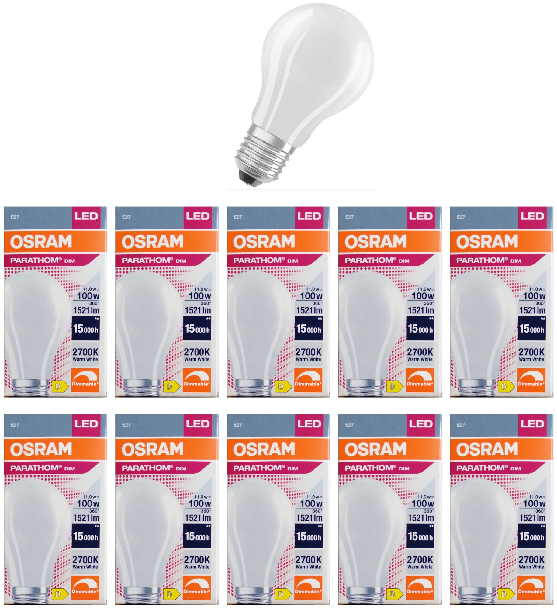 Лампочка светодиодная OSRAM Груша A E27 11Вт 220В 1521Лм 2700К Теплый белый Филаментная Диммируемая, упаковка 10шт