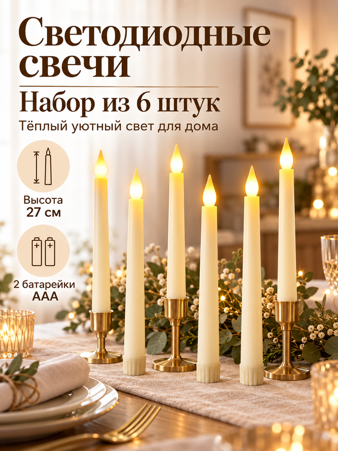 Свечи светодиодные на батарейках 6 шт, искусственные А32 новогодние свечи, теплый свет