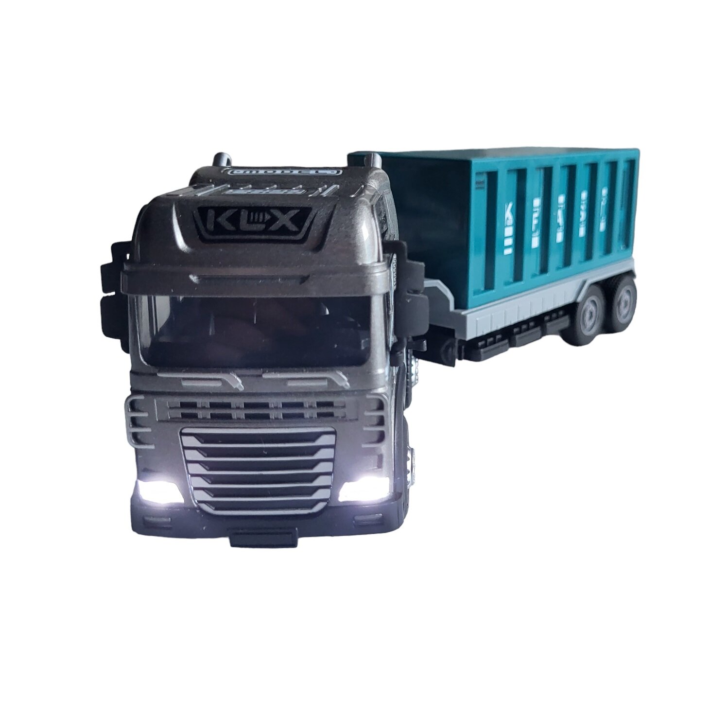 Машинка тягач контейнеровоз метал со светом и звуками инерция 30 см. 1:24 (KLX800-217) (Цвет: Серебро)