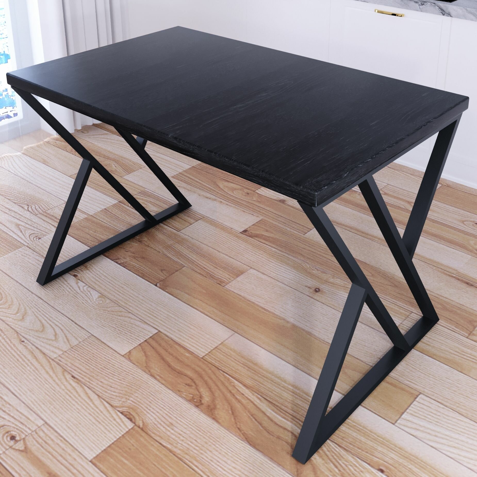 фото Стол кухонный Loft со столешницей цвета черного оникса из массива сосны 40 мм и черными металлическими Z-образными ножками, 100х60х75 см