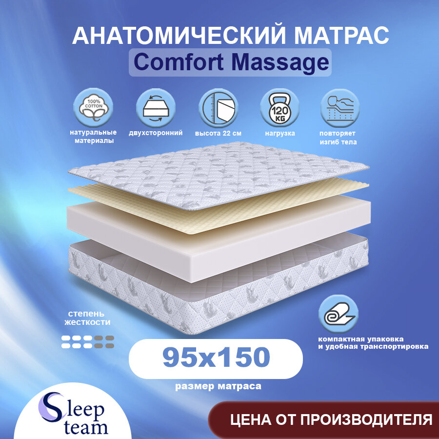 Матрас SleepTeam Comfort Massage 95х150, для кровати, высота 22 см, беспружинный с массажным эффектом, односпальный