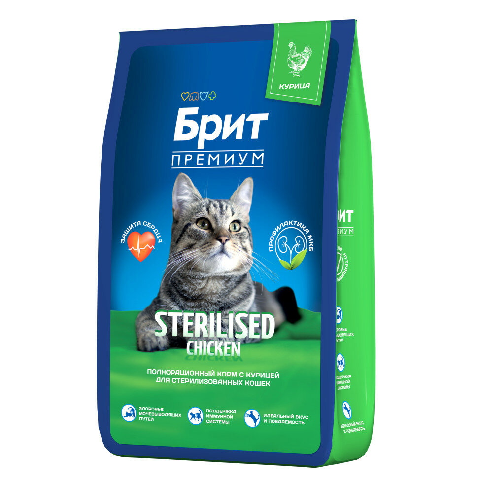 Brit Premium Cat Sterilised сухой корм для взрослых стерилизованных кошек с курицей - 8 кг — фото 1
