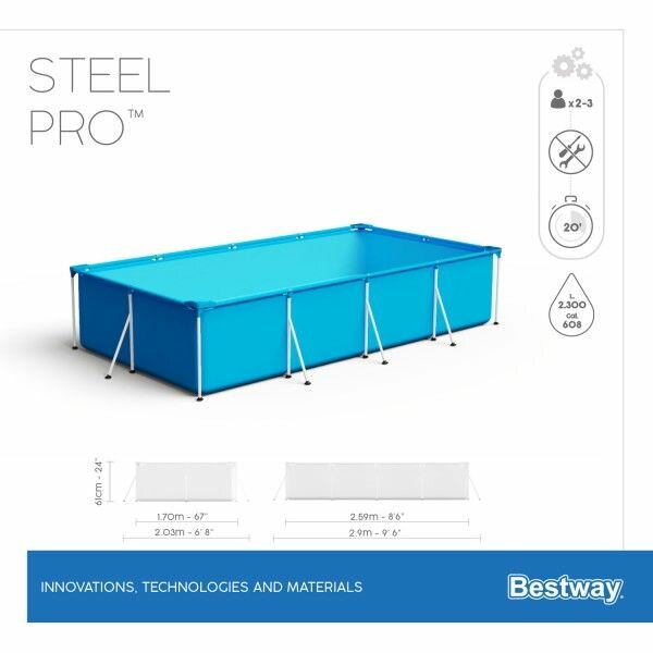 Бассейны Каркасный бассейн BestWay Steel Pro 259х170х61 см, 2300л, прямоугольный 56403 BW