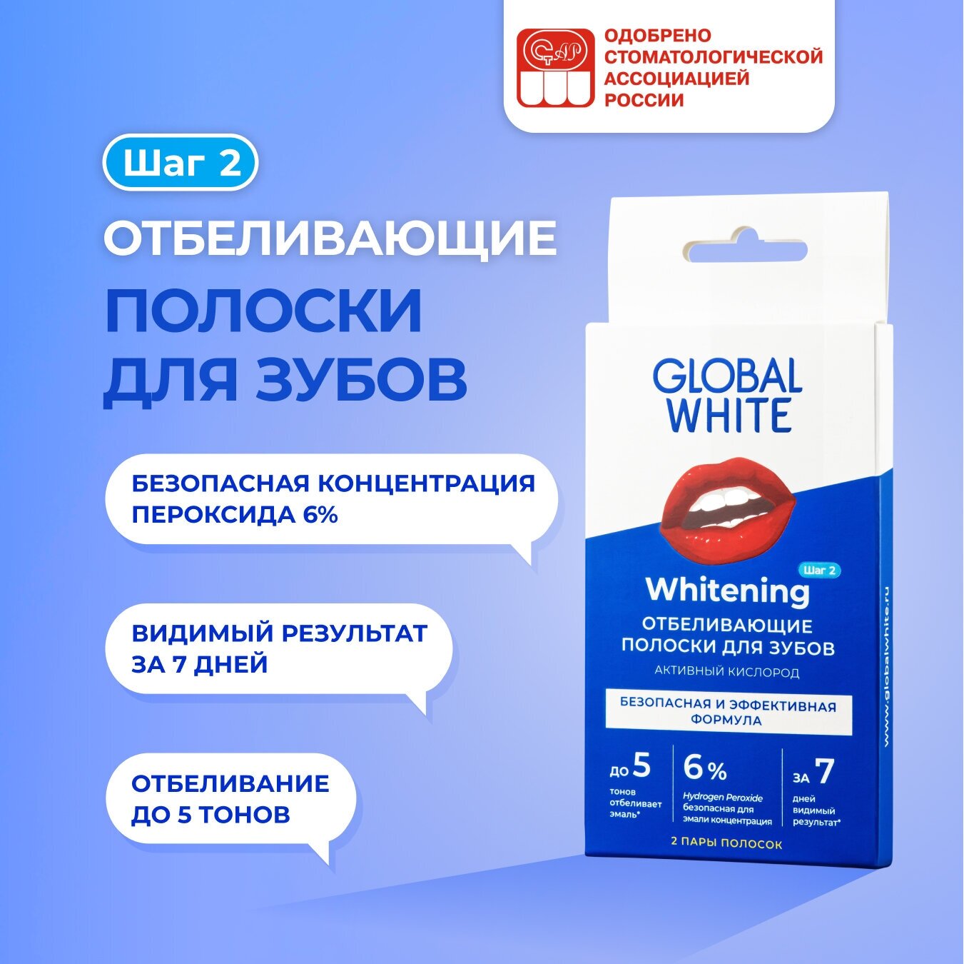 Отбеливающие полоски для зубов GLOBAL WHITE "Активный кислород"/ 2 саше