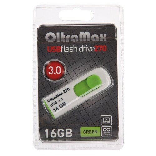 Флешка OltraMax 270, 16 Гб, USB3.0, чт до 70 Мб/с, зап до 20 Мб/с, зеленая