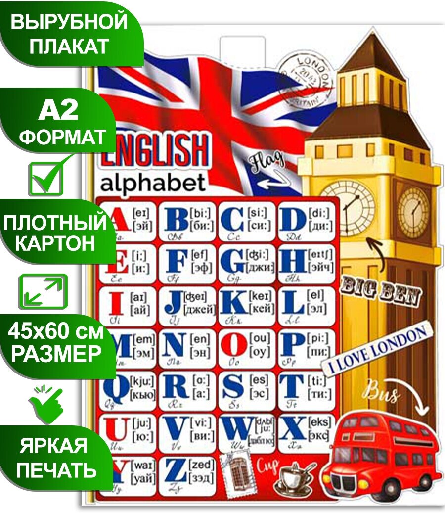 Обучающий плакат "Английский алфавит" , формат А2, 45х60 см, картон