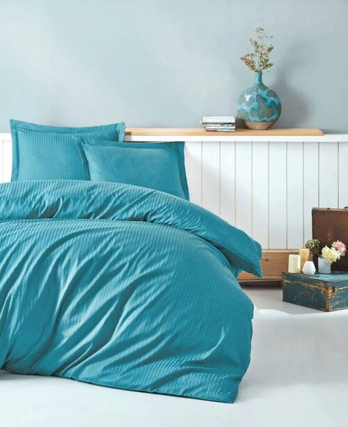 Комплект постельного белья Страйп Сатин Cotton Box (Турция) Elegant Series Евро Голубой