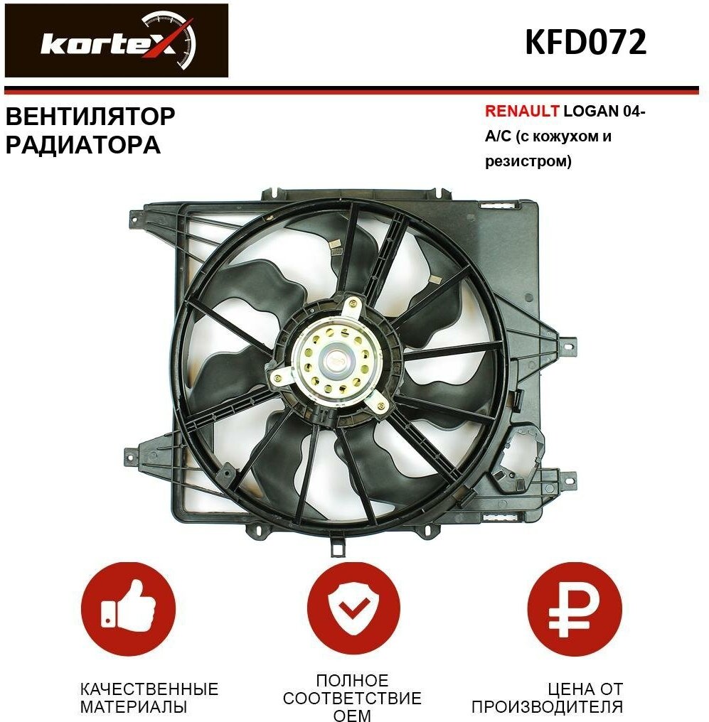 Вентилятор радиатора Kortex для Renault Logan 04- A / C (с кожухом и резистром) OEM 6001549117, KFD072, LFC0969