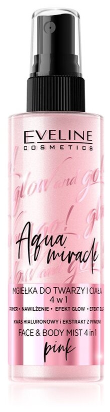 Спрей-фиксатор макияжа `EVELINE` `GLOW AND GO` AQUA MIRACLE 4 в 1 pink (увлажнение, фиксация макияжа, эффект glow, blur) 110 мл