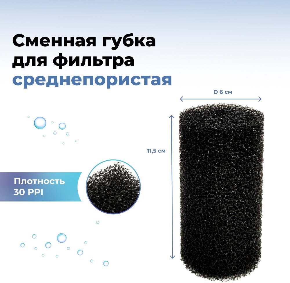 Губка круглая для фильтра среднепористая черная (М), 6х6х11,5см - фотография № 1