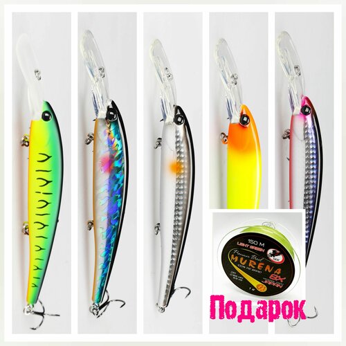 Набор воблеров Tсуриноя Deep Hanter 120F 5 шт\DW133-A,B,C,D,E\+подарок шнур ХОК Murena 8X\150м.\0.165мм.Moss Green