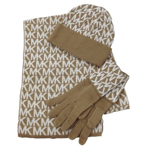 Сет Michael Kors шапка, перчатки и шарф желто-коричневый в монограмму Cream & White 3-Piece Set Knit Scarf, Hat & Gloves