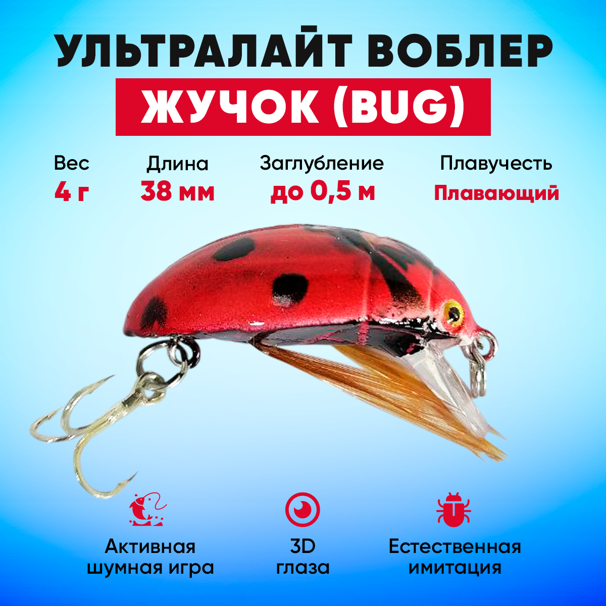 Воблер жучок плавающий (4 г), имитация насекомого (на голавля, язя, жереха, окуня), красный