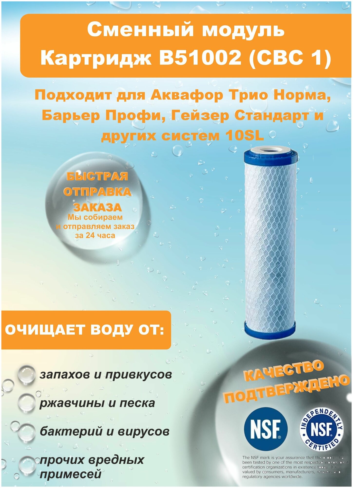 фото Картридж В51002 (свс 1) из кокосового угля к фильтрам для воды Аквафор Трио Норма, Барьер Профи, Гейзер Стандарт и других систем 10SL