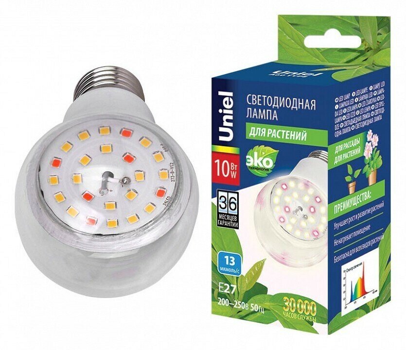 LED-A60-10W/SPFB/E27/CL PLP30WH Лампа светодиодная для растений. Форма A, прозрачная. Спектр для фотосинтеза. Картон. ТМ UL-00007404 Uniel