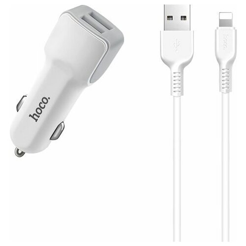 Автомобильное зарядное устройство HOCO Z23 Grand Style 2xUSB, 2.4A + кабель Lightning 8-pin, 1м (белый)