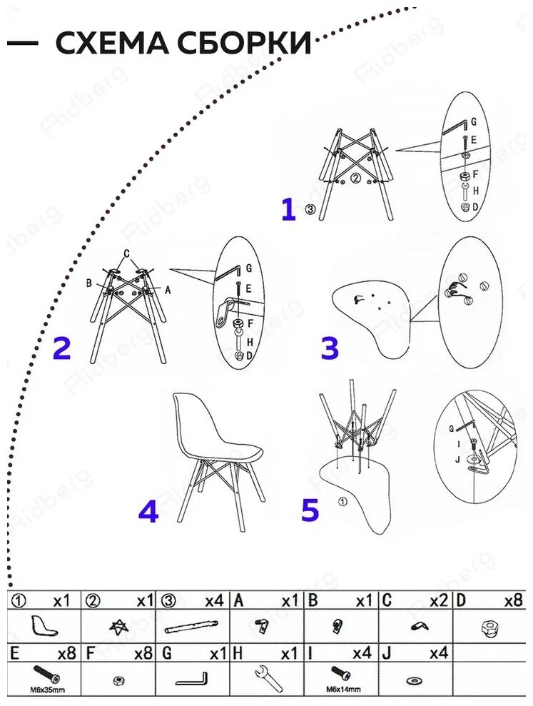 Комплект стульев RIDBERG DSW EAMES (4 шт, серый) Кухонные стулья со спинкой для гостиной, столовой