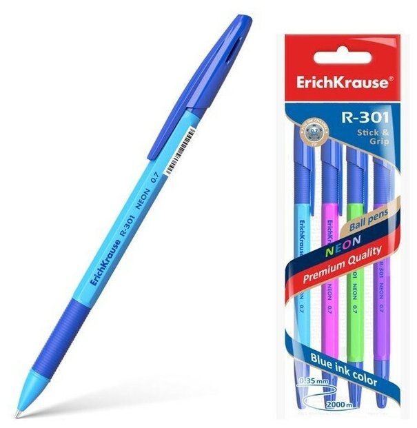 Набор ручек шариковых 4 штуки R-301 Neon Stick & Grip, узел 0.7 мм, чернила синие, резиновый упор, длина линии письма 1000 метров, европодвес