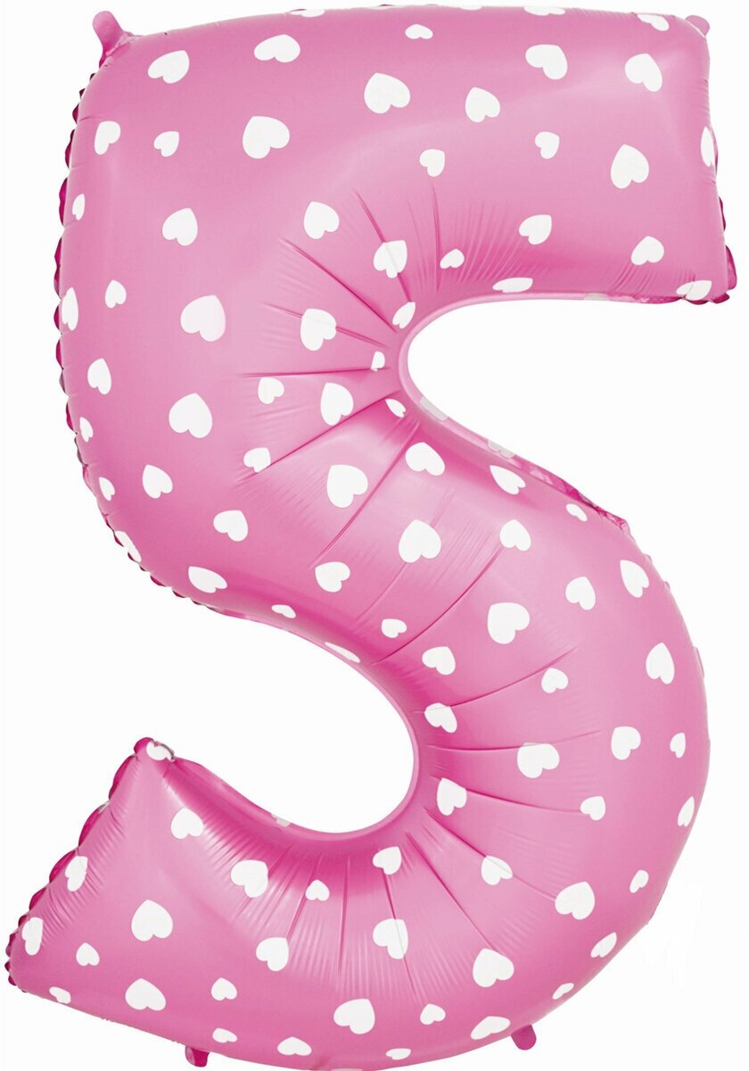Воздушный шар фольгированный Riota Цифра 5, розовая + белые сердца, 102 см