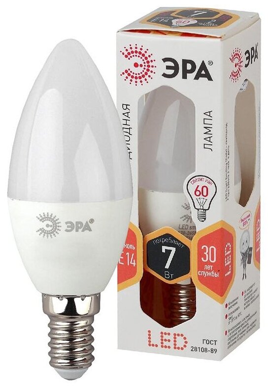 Лампа светодиодная Эра 7W E14 2700k тепл. бел. свеча LED B35-7W-827-E14