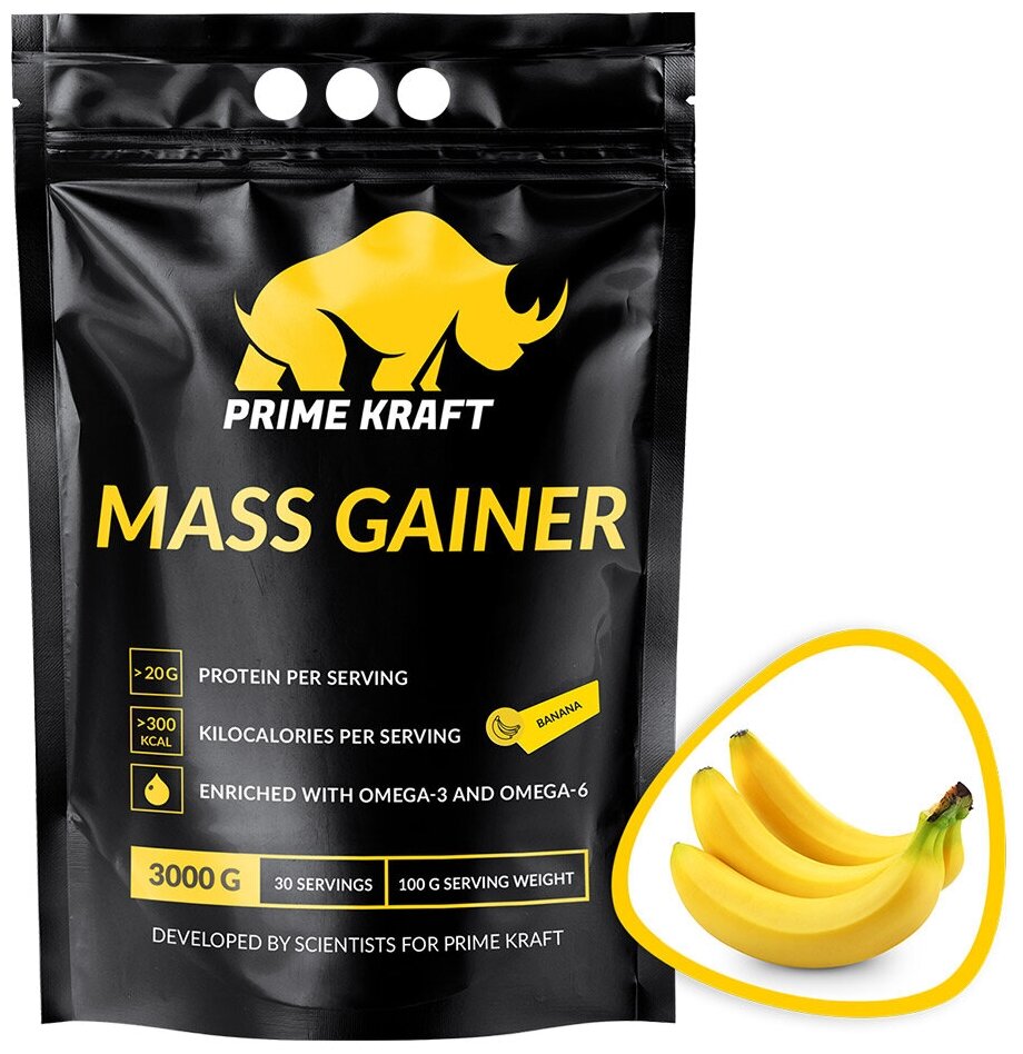 Гейнеры высокоуглеводные, Prime Kraft, Mass Gainer, 3000 г, Банан