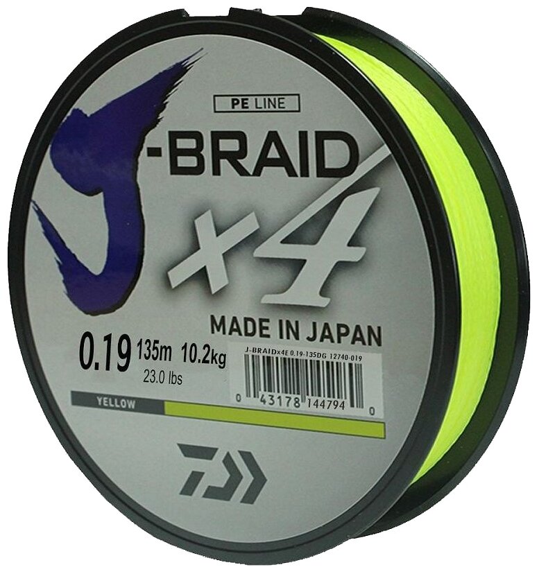 Шнур плетеный Daiwa J-Braid х4 135 m (желтый) 0.19 mm/ 10.2 kg