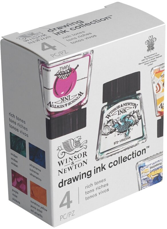 Набор туши художественной Winsor&Newton для рисования, 4цв. (ультрамарин, пурпурный, желтый канареечный, виридиан), 14мл, стекл. флакон, в картонной к