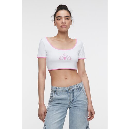 фото Топ-футболка хлопковый укороченный с принтом befree 2231072418-1-s белый размер s