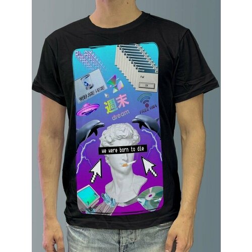 фото Футболка мужская черная из хлопка с dtf рисунком vaporwave - 3546 будь на стиле