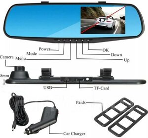 Автомобильный видеорегистратор-зеркало с камерой заднего вида / Автомобильный регистратор / Автомобильное зеркало заднего вида с 2-мя камерами