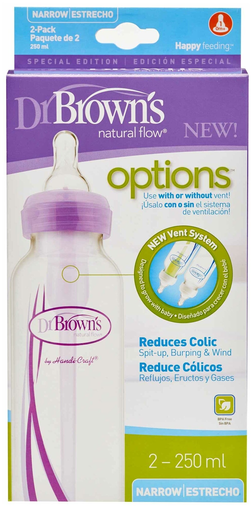 Бутылочка для кормления Dr. Brown's, с узким горлышком, 250 мл, фиолетовый, 2 шт. (SB82505-ESX) - фото №2